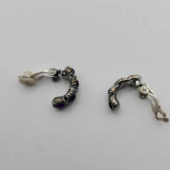 Vintage Deep Purple and Silver Tone Half Hook Clip On Earrings - Picture 6 of 8